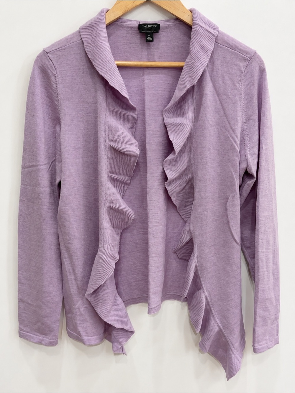 Talbots Pure Italian Merino Wool Ruffle Cardigan Lavender M - Picture 2 of 6